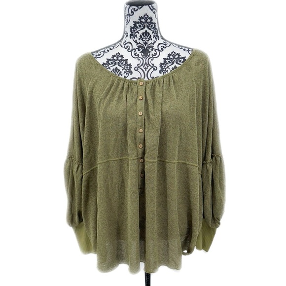Free People Olive Green Quarter Button-Up Peasant Sleeve Women's Top - Picture 1 of 16